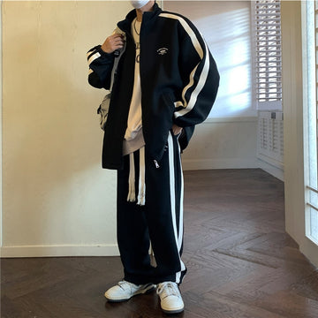 Stripe Sports Suit Men's Spring Autumn Casual Cardigan Sweatshirt Sweatpants Preppy Two-piece Set New Unisex Joggers Tracksuits